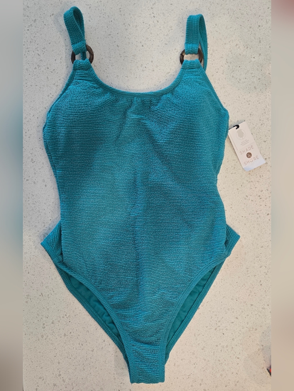 Shade & Shore Teal Textured One-Piece Swim Suit with Ring-Strap Accents - XS